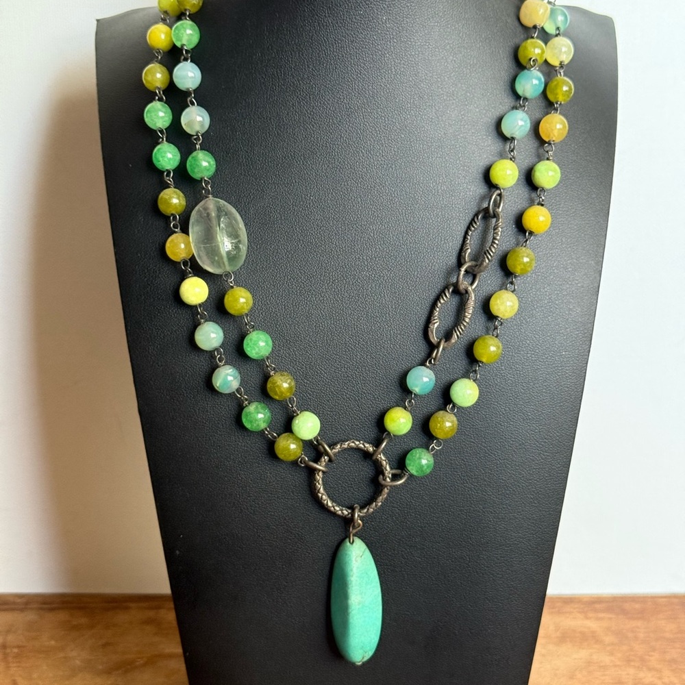 Vintage Rustic Elegant Green and Yellow Beaded Sterling Necklace - Picture 1 of 16